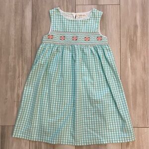 Beebay Smocked Aqua Gingham Dress with Pink Embroidered Flowers, girls size 8